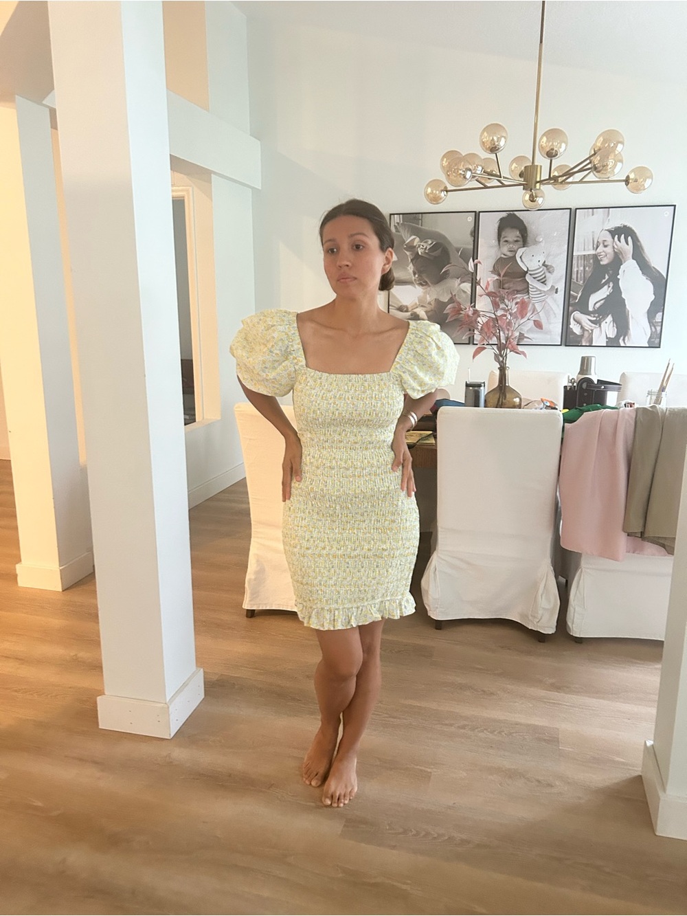 English Factory Yellow Floral Smocked Puff-Sleeve Mini Dress